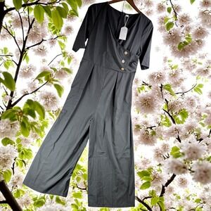 New Jumpsuit Women M Button Detail Wide Leg Baggy Lounge Resort‎ Work V Neck